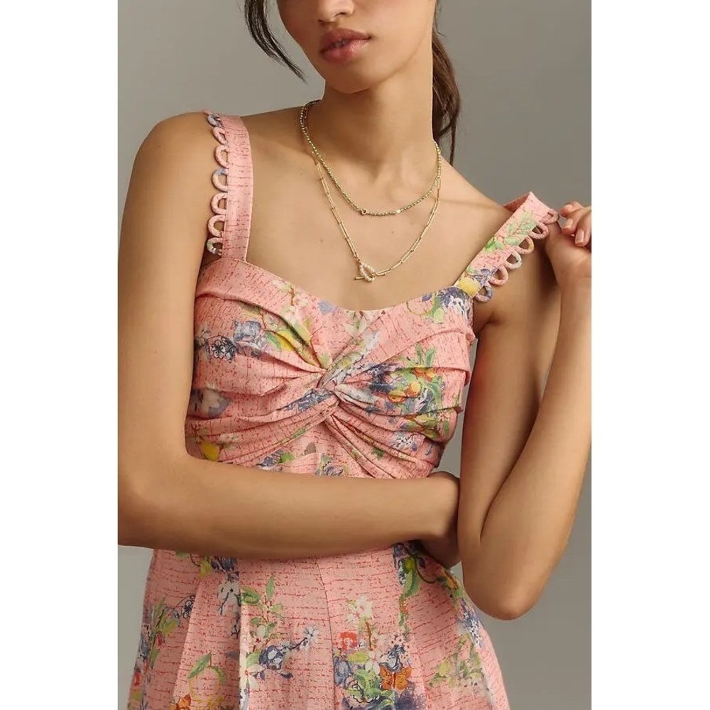 Ranna Gill S Len Scallop Romper Pink Floral Linen Smocked Garden Brunch Bohemian